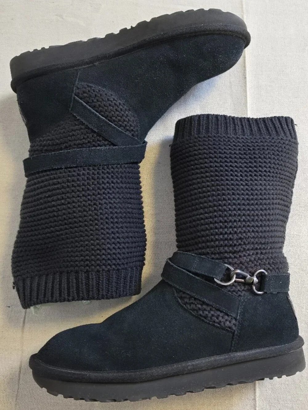 UGG Purl Strap Boot 1098080 Black Suede Knit Cuff Wool Lined Women's Size 10